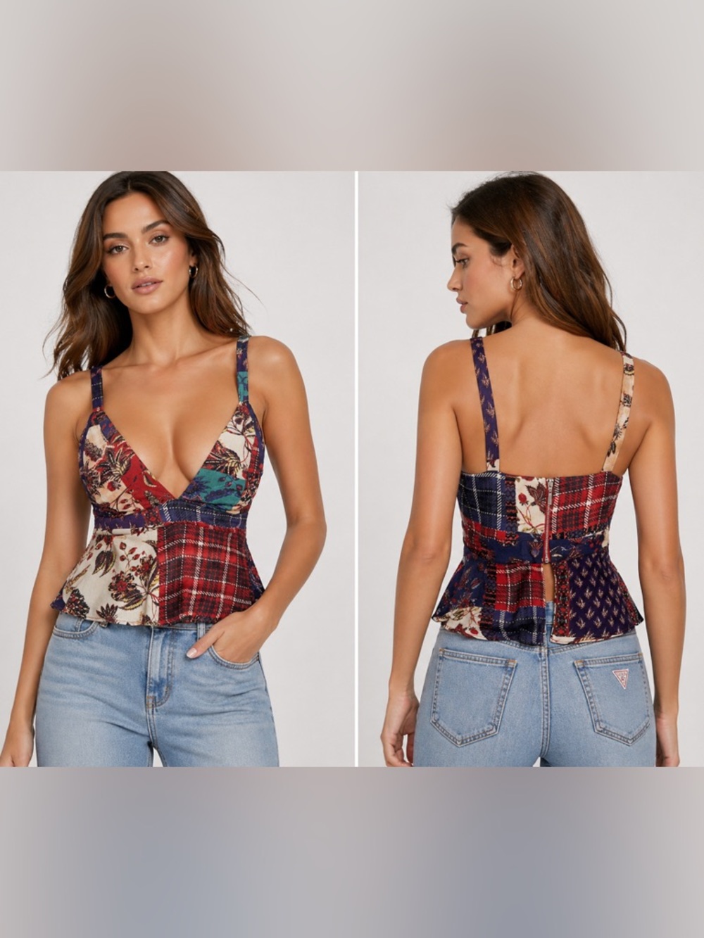 Studio F Patchwork Plaid & Floral V-Neck Tank - Red, Navy, Cream, Teal boho